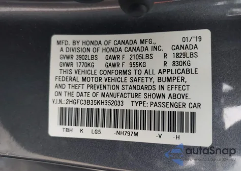 2019 Honda Civic Ex from USA, damaged, VIN 2HGFC3B35KH352033
